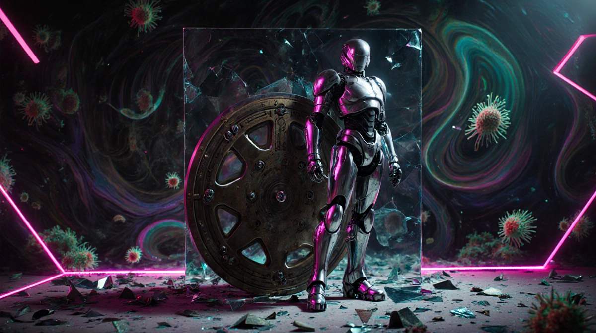 Mech suits stand with curved metallic surfaces reflecting glass shards and neon lights against swirling alien spores