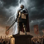 Medieval knight stands on tournament podium with sword and parchment while lightning flashes overhead and crowds cheer