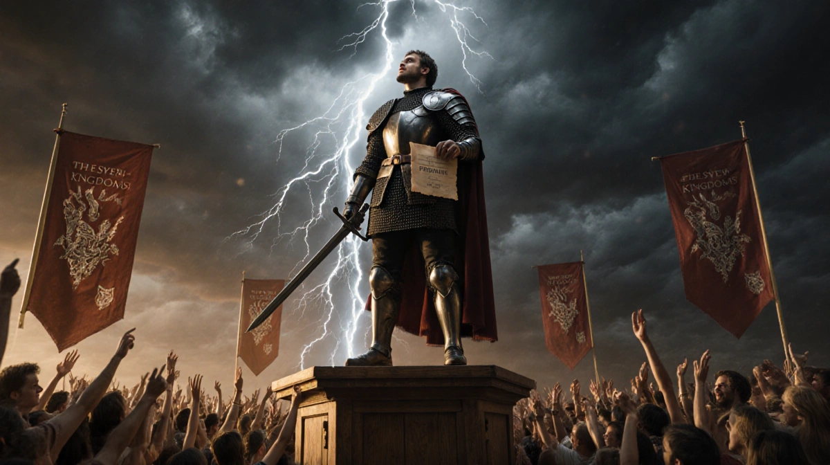 Medieval knight stands on tournament podium with sword and parchment while lightning flashes overhead and crowds cheer