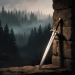 Medieval sword leaning against stone wall with misty forest fading into darkness and warm shadows