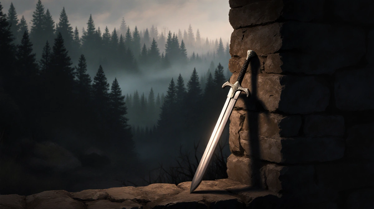 Medieval sword leaning against stone wall with misty forest fading into darkness and warm shadows