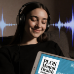 Young woman relaxes on couch wearing headphones with tablet showing PLOS Mental Health cover and beat-based sound waves