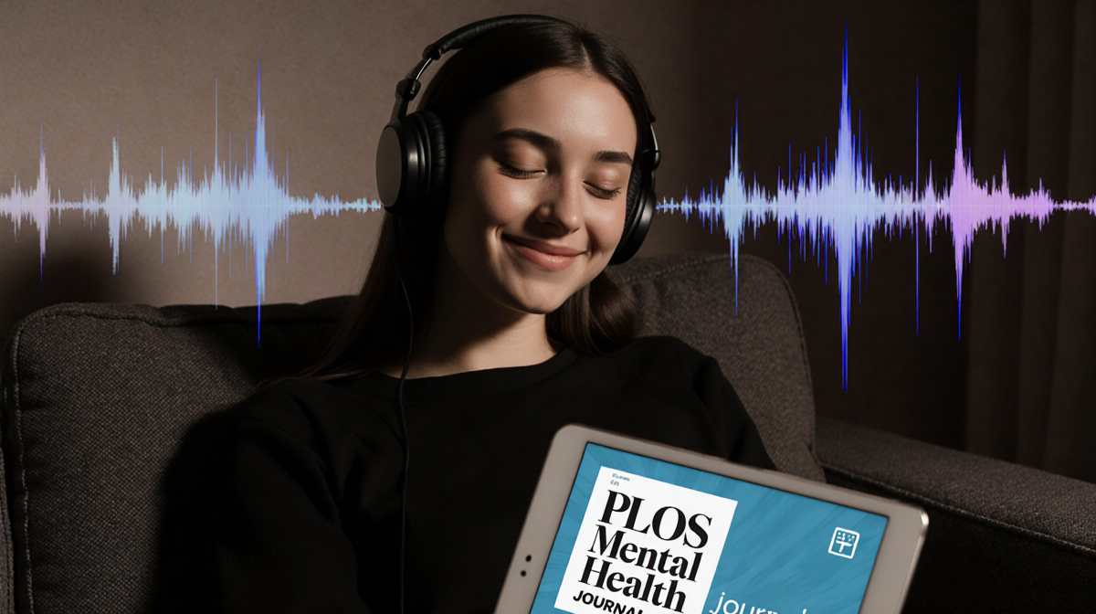 Young woman relaxes on couch wearing headphones with tablet showing PLOS Mental Health cover and beat-based sound waves
