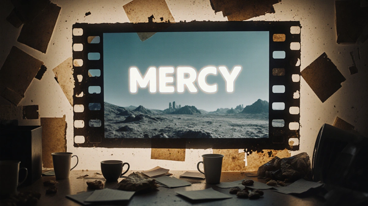 Movie screen shows the title Mercy with a faded sci-fi landscape visible and cluttered coffee cups and notes scattered below
