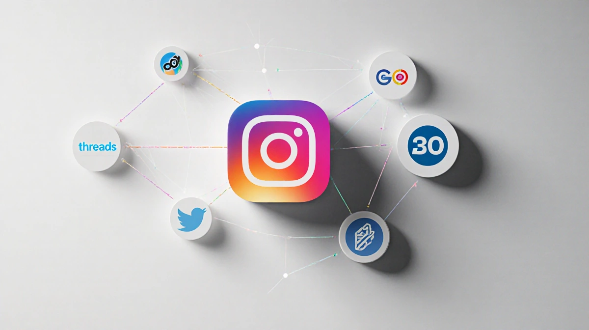 Meta logo sits at center of web with Instagram and Threads logos connected by faint lines showing social media integration