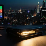 Metallic wallet glowing with cryptocurrency charts showing millions and city skyline in background