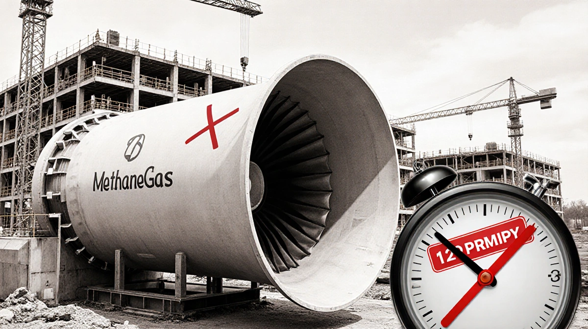 Industrial methane turbine under construction with red X marking no permit and timer showing 122-day deadline