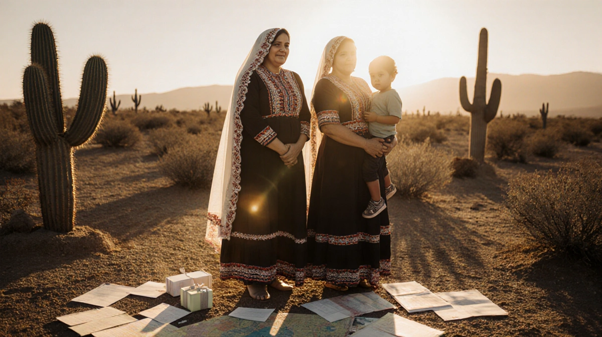 Women in Mexican clothing stand together with a child under golden light holding documents and maps that convey solidarity.