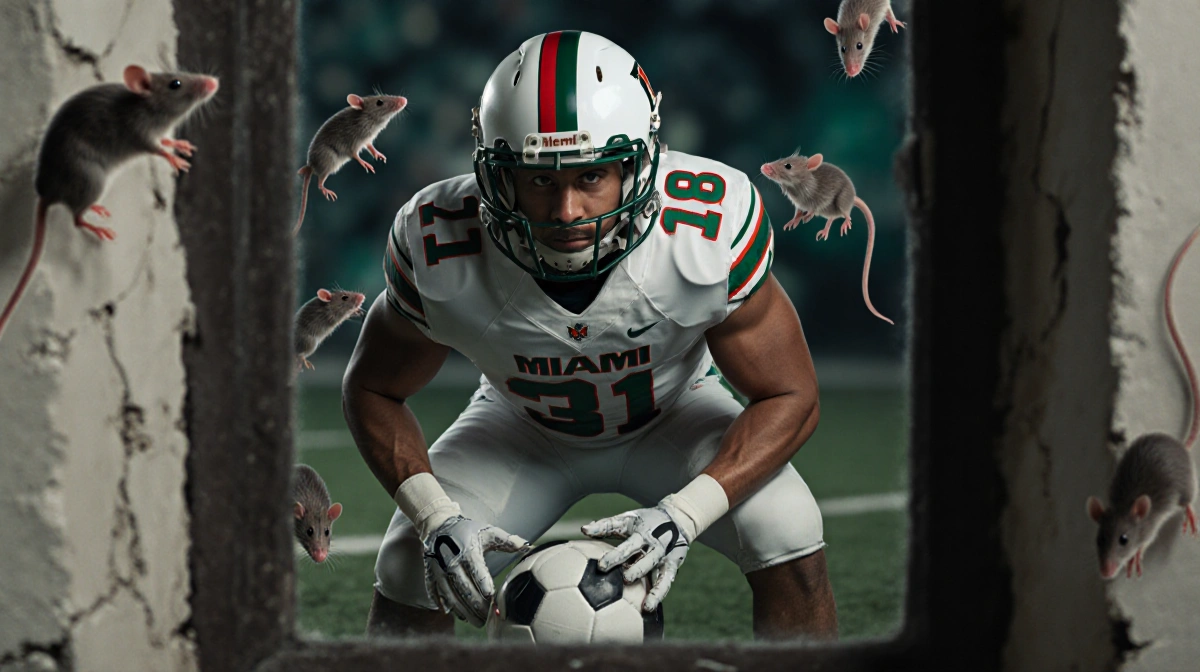 Miami football player focusing on ball with rats crawling in cracks and a dim window.