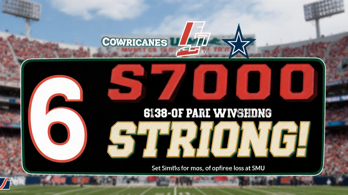 Scoreboard counting down with Miami Hurricanes six-game winning streak 6 STRONG in red gold and white on a blurred stadium ba