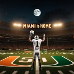 Football player No.1 raising helmet in victory with Miami Hurricanes lights and a glowing full moon over Hard Rock Stadium