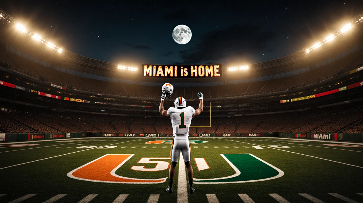 Football player No.1 raising helmet in victory with Miami Hurricanes lights and a glowing full moon over Hard Rock Stadium