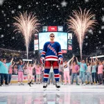 Panthers player hovering above ice with stick reflected and fans cheering in pastel jerseys and fireworks overhead.