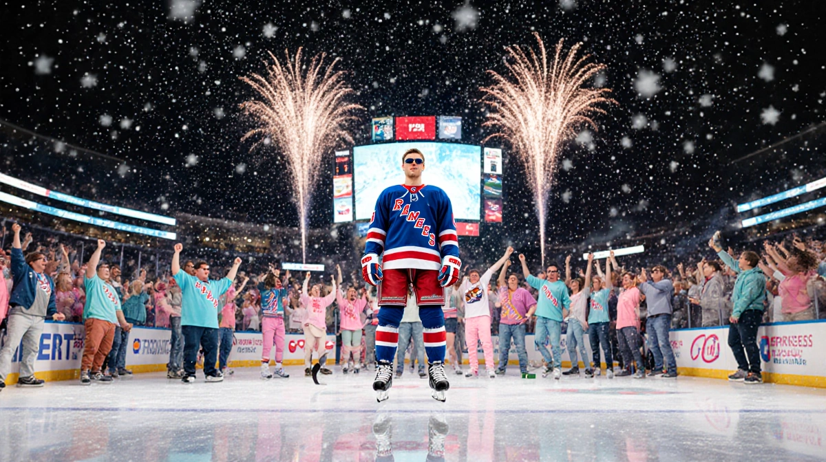 Panthers player hovering above ice with stick reflected and fans cheering in pastel jerseys and fireworks overhead.