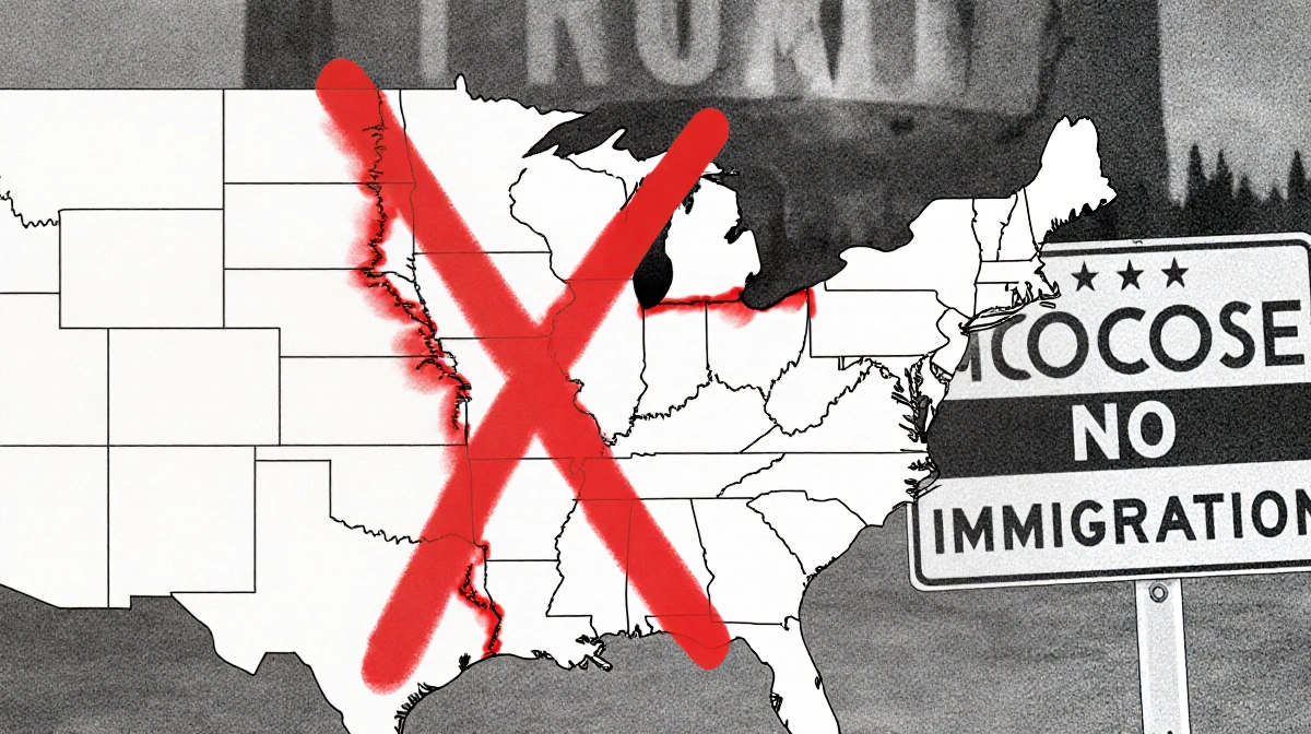 Map showing United States with red X over Miccosukee lands and subtle border and faint No Immigration sign