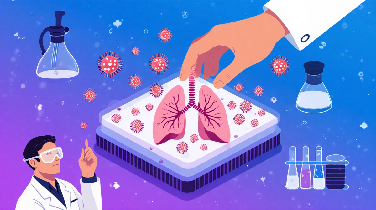 Ingber gently adjusts a lung-on-a-chip device with virus particles being neutralized in a blue-purple lab setting