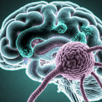 Cystatin-C protein binding amyloid plaque with microglia cells reaching out and a tumor in the distant background