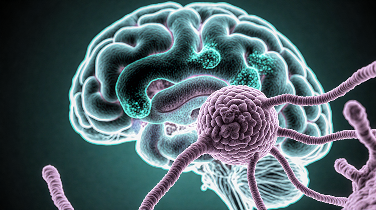 Cystatin-C protein binding amyloid plaque with microglia cells reaching out and a tumor in the distant background
