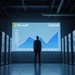 Person stands at crossroads with transparent screen showing Microsoft and OpenAI revenue graphs and server rows behind