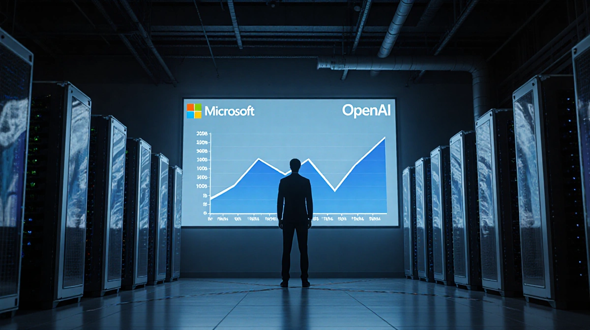 Person stands at crossroads with transparent screen showing Microsoft and OpenAI revenue graphs and server rows behind