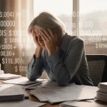 Middle-aged woman sits at cluttered desk with student loan papers and bills while head rests in hands financial stress