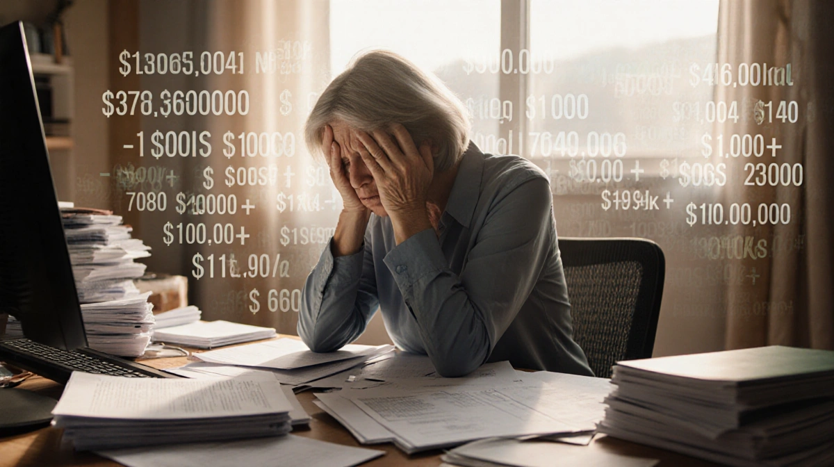 Middle-aged woman sits at cluttered desk with student loan papers and bills while head rests in hands financial stress