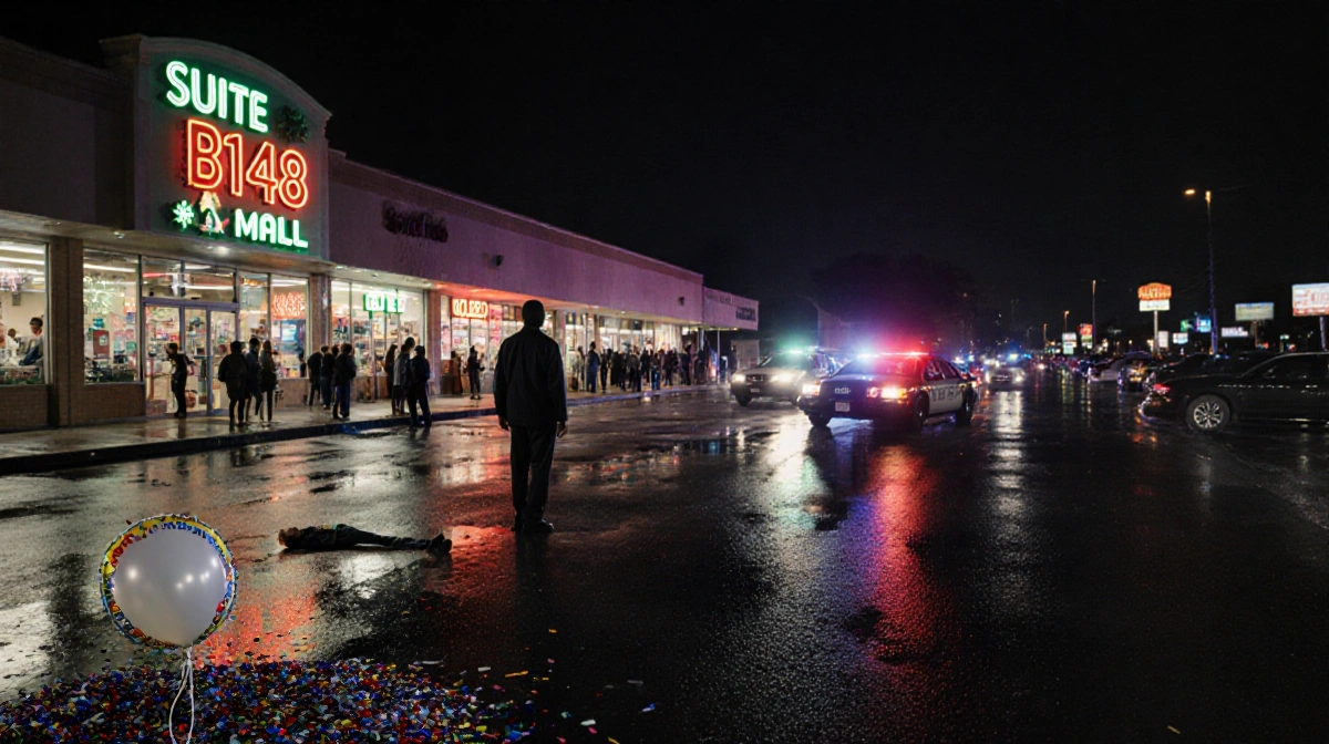 Lone figure standing near the entrance of Suite B148 with neon strip mall and police cars reflecting off wet pavement