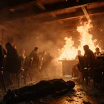 Figure lies motionless on floor with overturned chairs and shattered glasses amid blazing fire in Swiss Alpine bar
