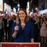Woman holding microphone smiling confidently with neon-lit city street and a blurred crowd cheering for 2025 election