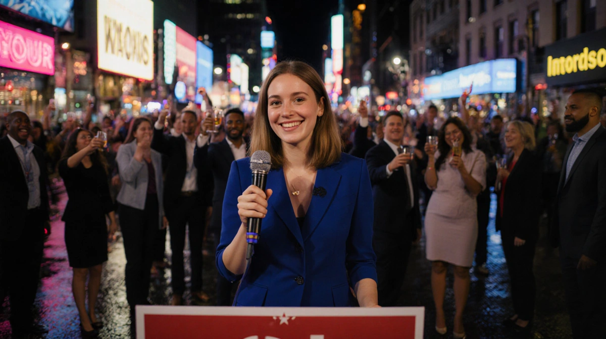Woman holding microphone smiling confidently with neon-lit city street and a blurred crowd cheering for 2025 election
