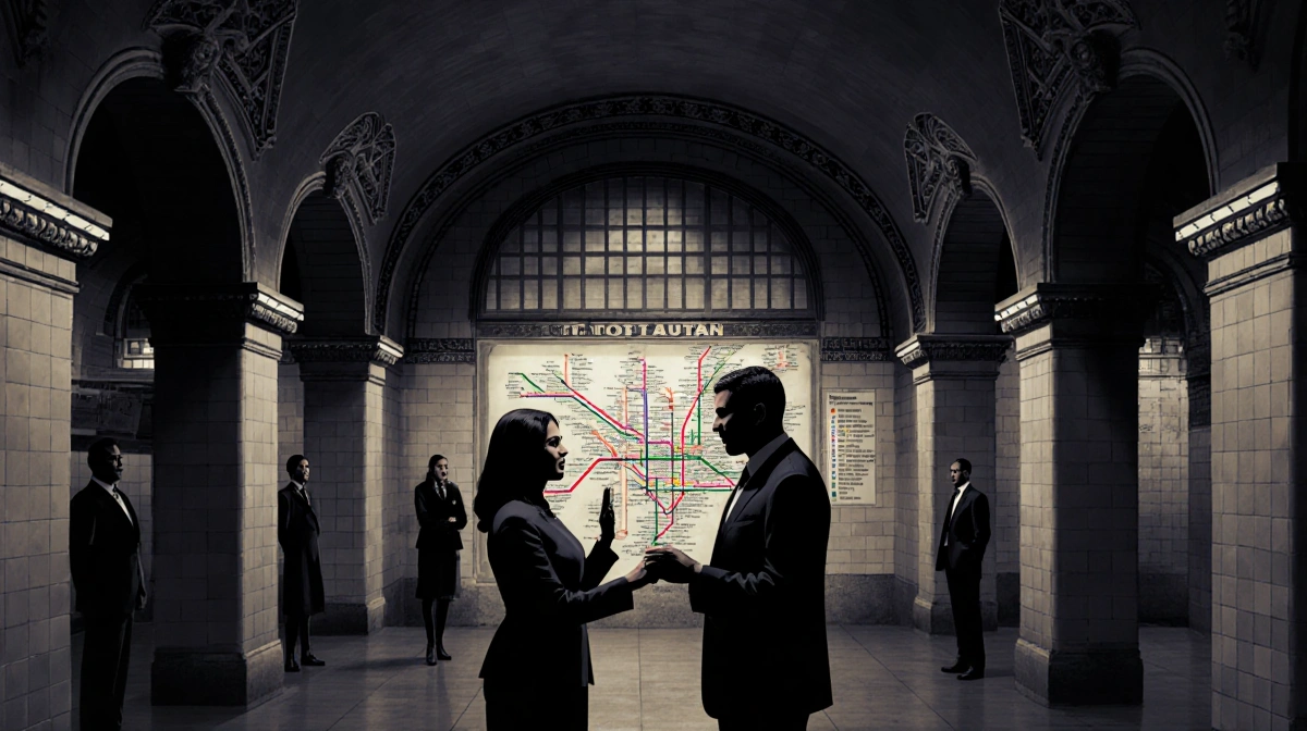 Attorney General Letitia James administering oath to Zohran Mamdani with old subway map arches and dignitaries in background.