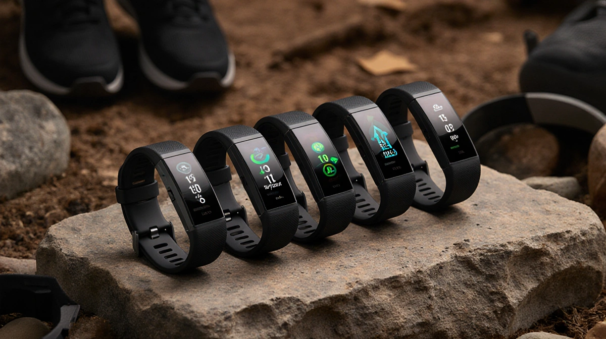 Fitness trackers arranged in a treasure-chest grid on stone and wood with subtle reflections and outdoor gear in background