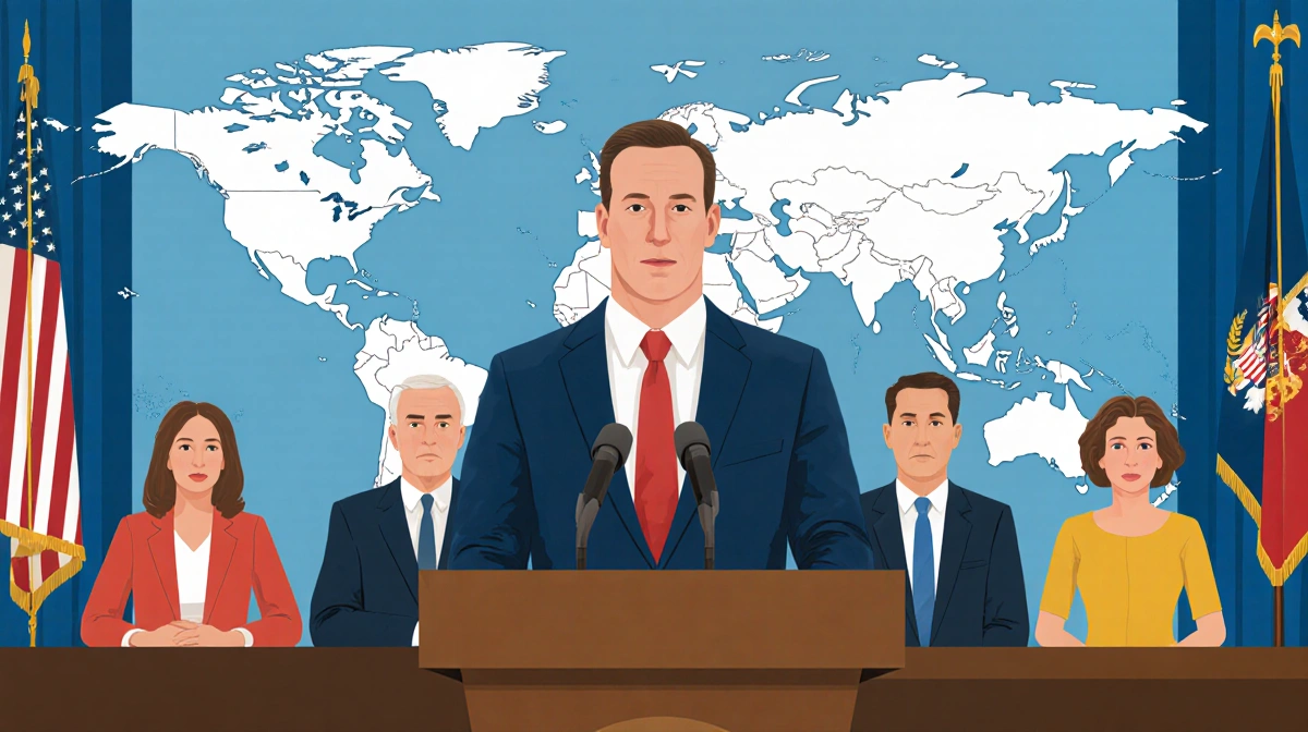 Mike Lee speaking at a press conference with international leaders seated behind him and flags in the background