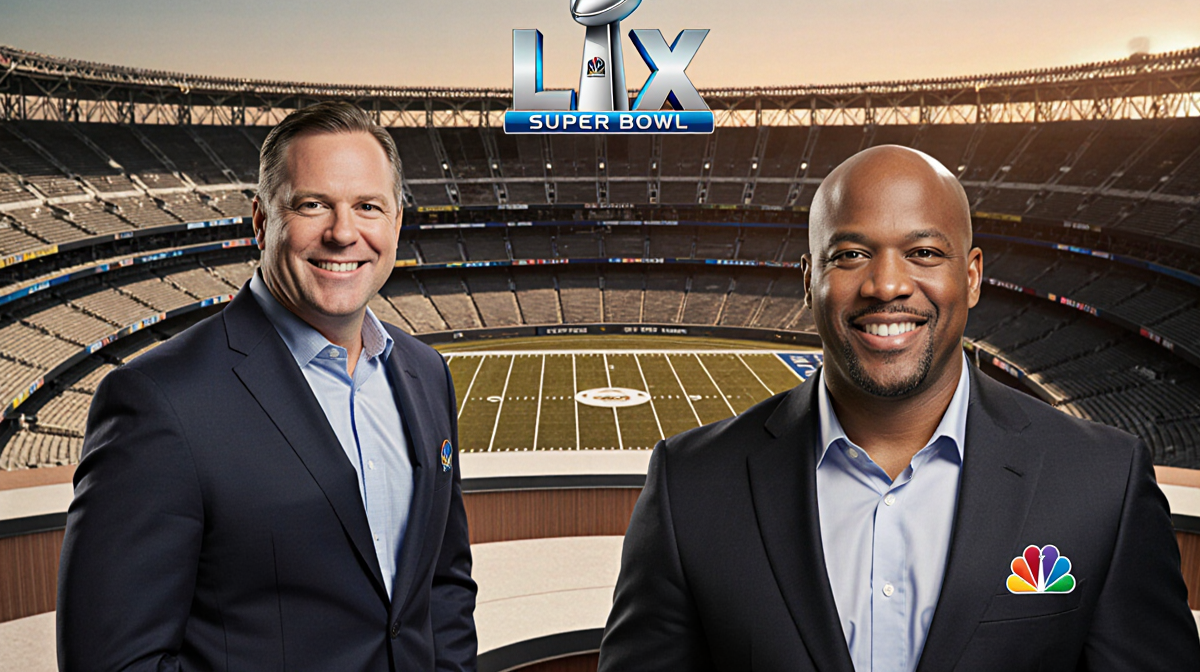 Mike Tirico standing with Cris Collinsworth near an NBC Super Bowl LX broadcast booth with Levi