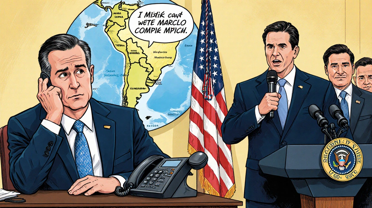 Senator Mike Lee looks at a map of South America with a ringing phone while Vice President JD Vance stands nearby addressing.