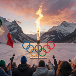 Torch relay carrying the Olympic flame across a lake with snow‑capped Dolomites and a sunset sky orange and pink