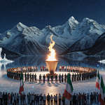 Olympic cauldron burns bright over frozen lake with snow‑capped Alps reflected and Italian flags waving nearby.