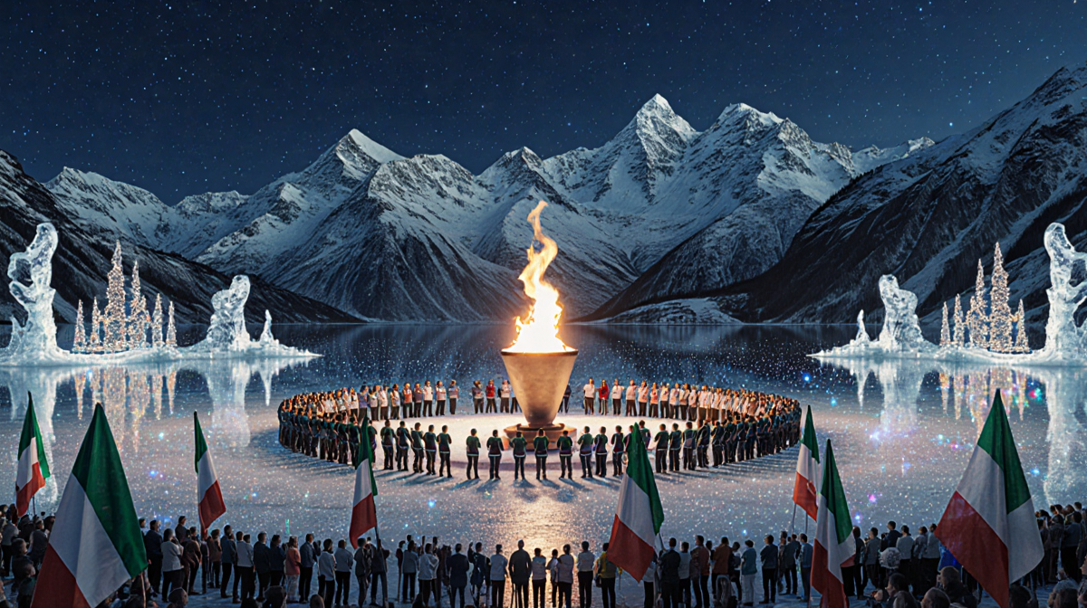 Olympic cauldron burns bright over frozen lake with snow‑capped Alps reflected and Italian flags waving nearby.