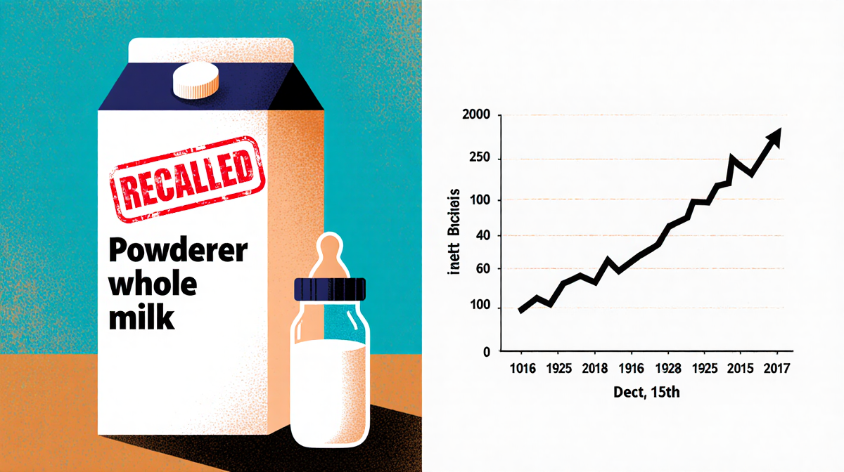 Carton of powdered whole milk with red recalled stamp and baby bottle outline left while botulism trend graph up with arrow