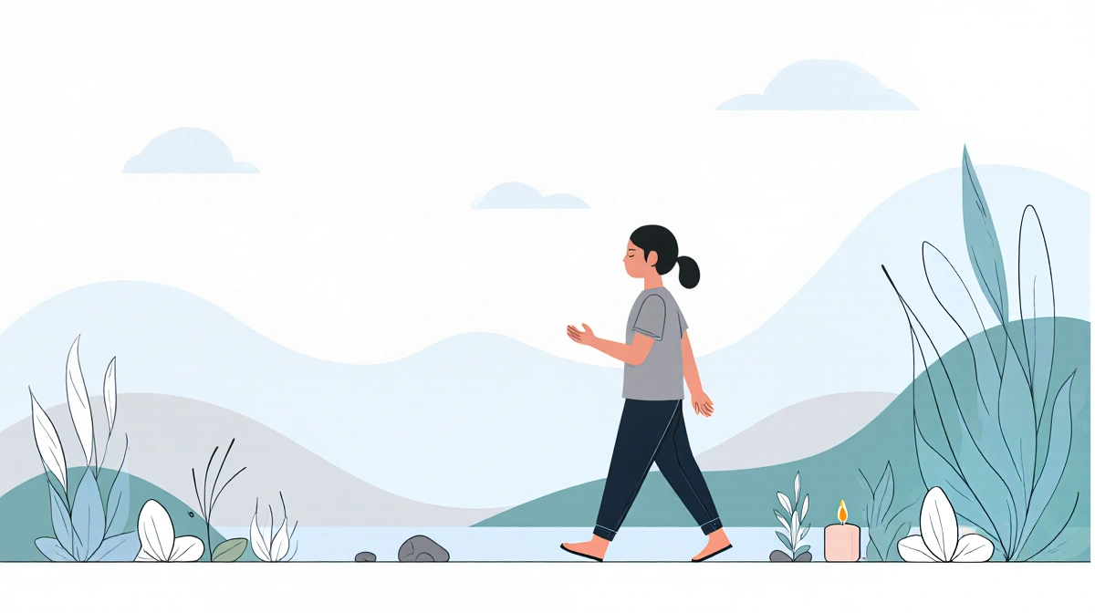 Person meditating in walking position with a candle flame focus point and muted colors for mindfulness