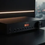 Sleek minimalist audio device glows with circular dial and buttons against dark wall with pulsing LED strips