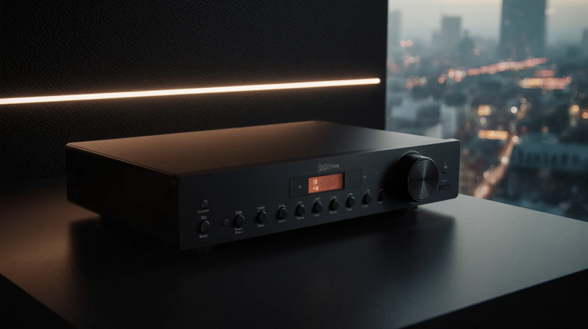 Sleek minimalist audio device glows with circular dial and buttons against dark wall with pulsing LED strips