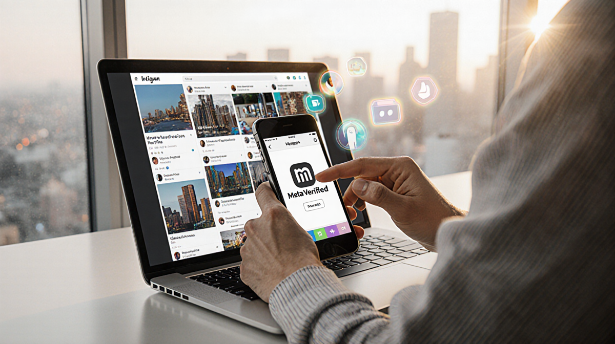 Hand reaching to tap phone screen showing Meta Verified badge with laptop open to Instagram feed and cityscape background