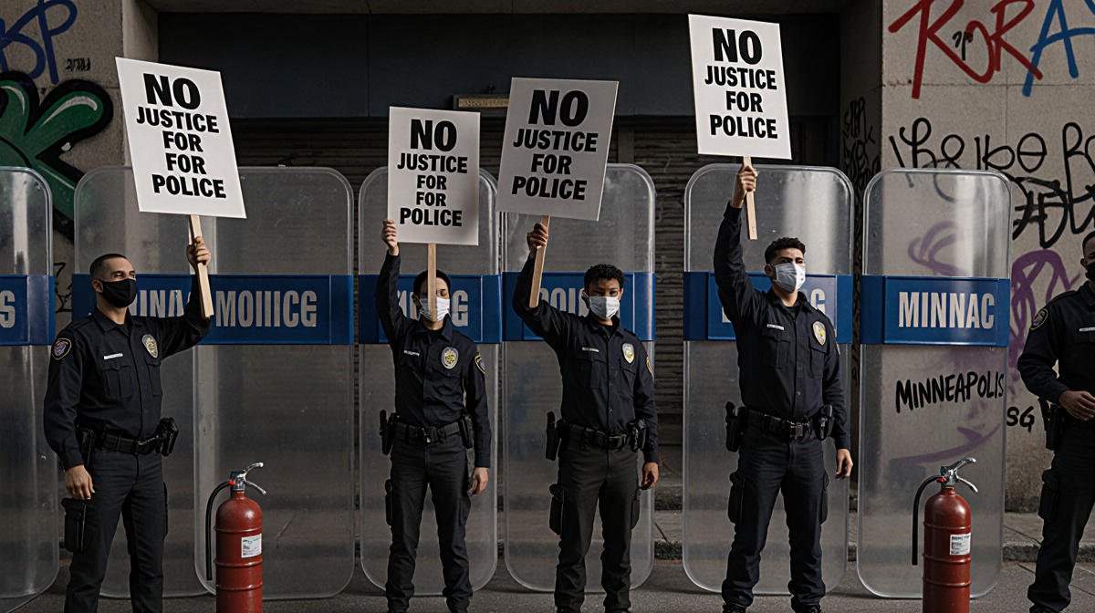 People holding No Justice for Police signs with masks and riot police shields near tear gas canisters in Minneapolis protest