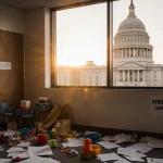Daycare center in disarray displays scattered toys and paperwork with the Minnesota state capitol at sunset