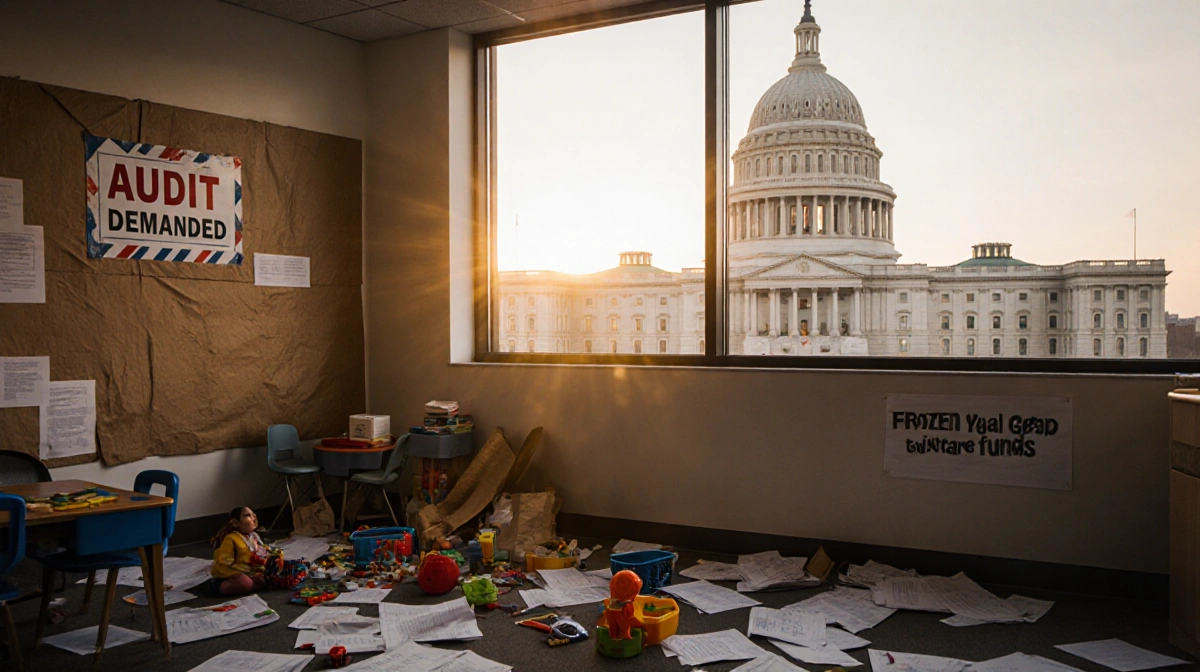 Daycare center in disarray displays scattered toys and paperwork with the Minnesota state capitol at sunset