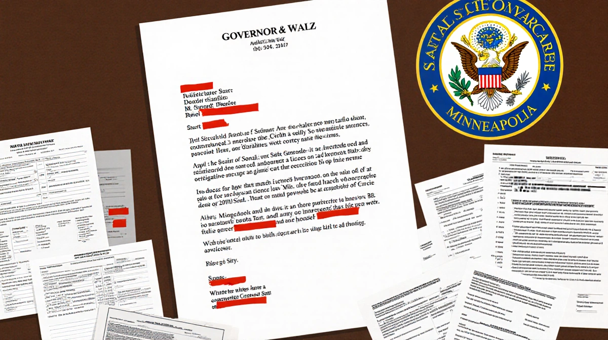 Letter demanding audit of Somali-run daycares with Minnesota seal in background and scattered complaints and records.