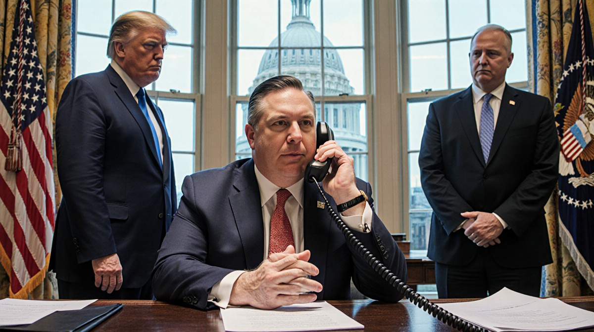 Governor Tim Walz of Minnesota calls President Trump with a headset while Tom Homan watches and the state capitol blurs behin