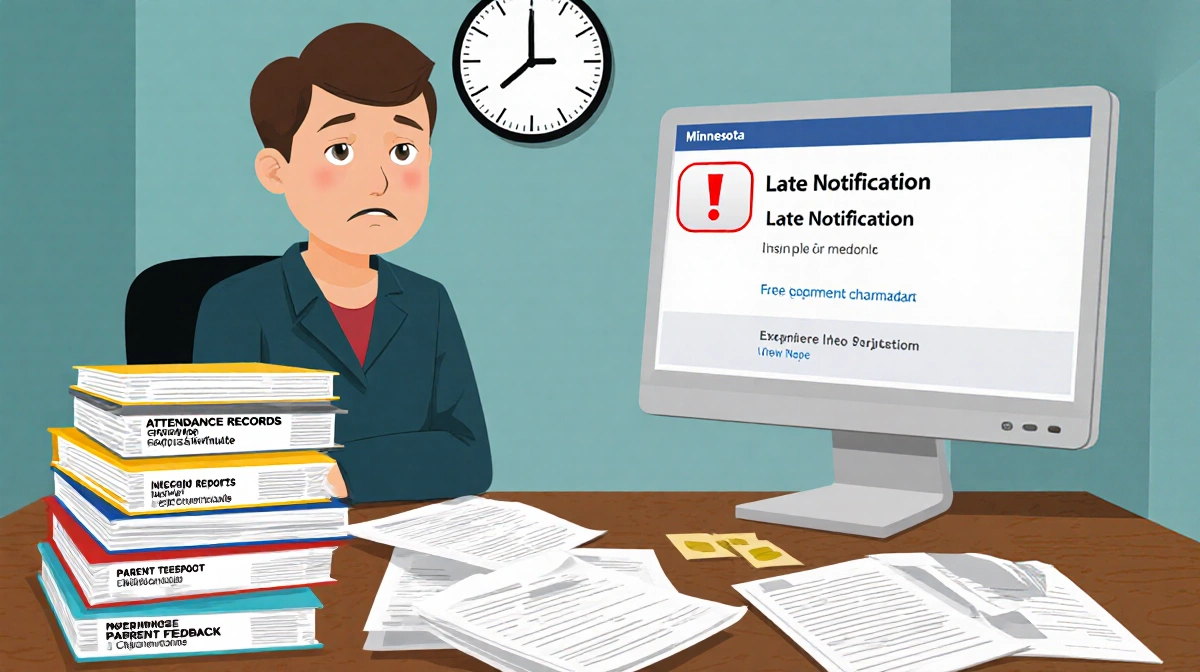 Government employee in office frowning at computer screen with red social media alert and ticking wall clock