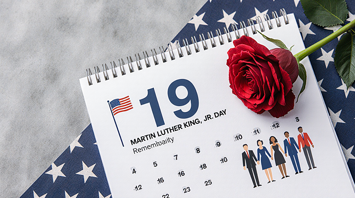 Calendar page highlighting January 19th for Martin Luther King Jr. Day with a red rose and flag pattern background.